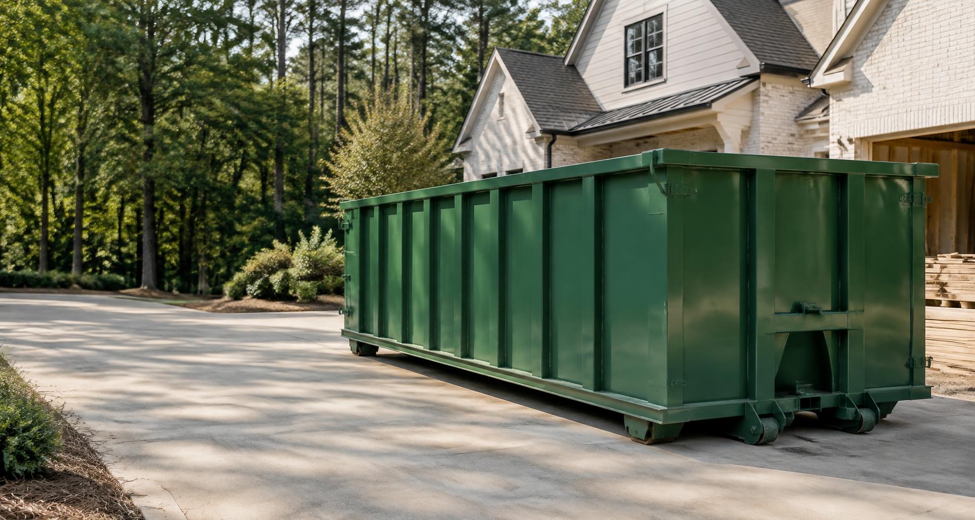 Green roll-off dumpster in a residential driveway beside a renovation project